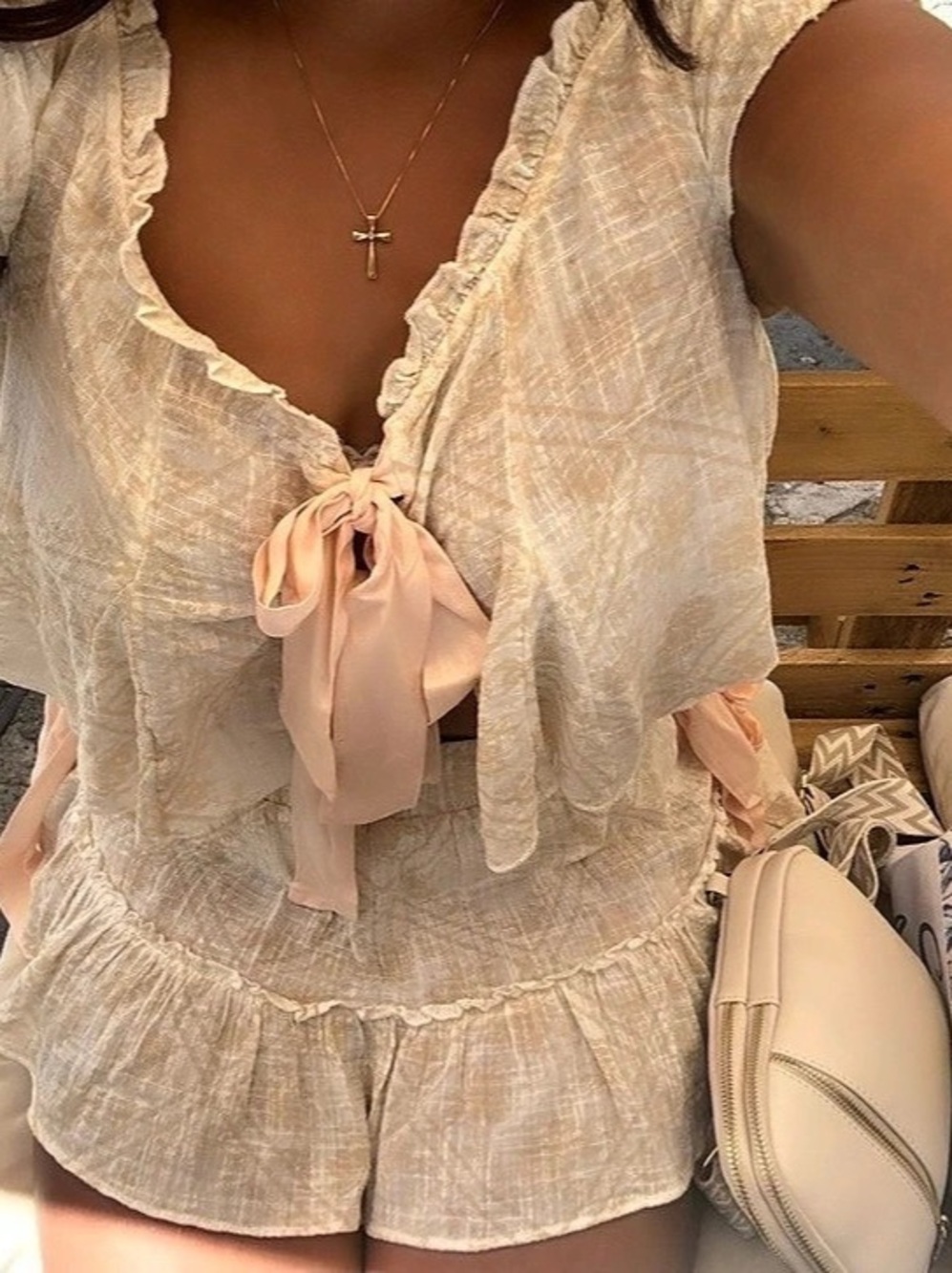 Urban Outfitters Ruffle Me Up Set Ruffled Crop Top Set in Cream & Pink with subt